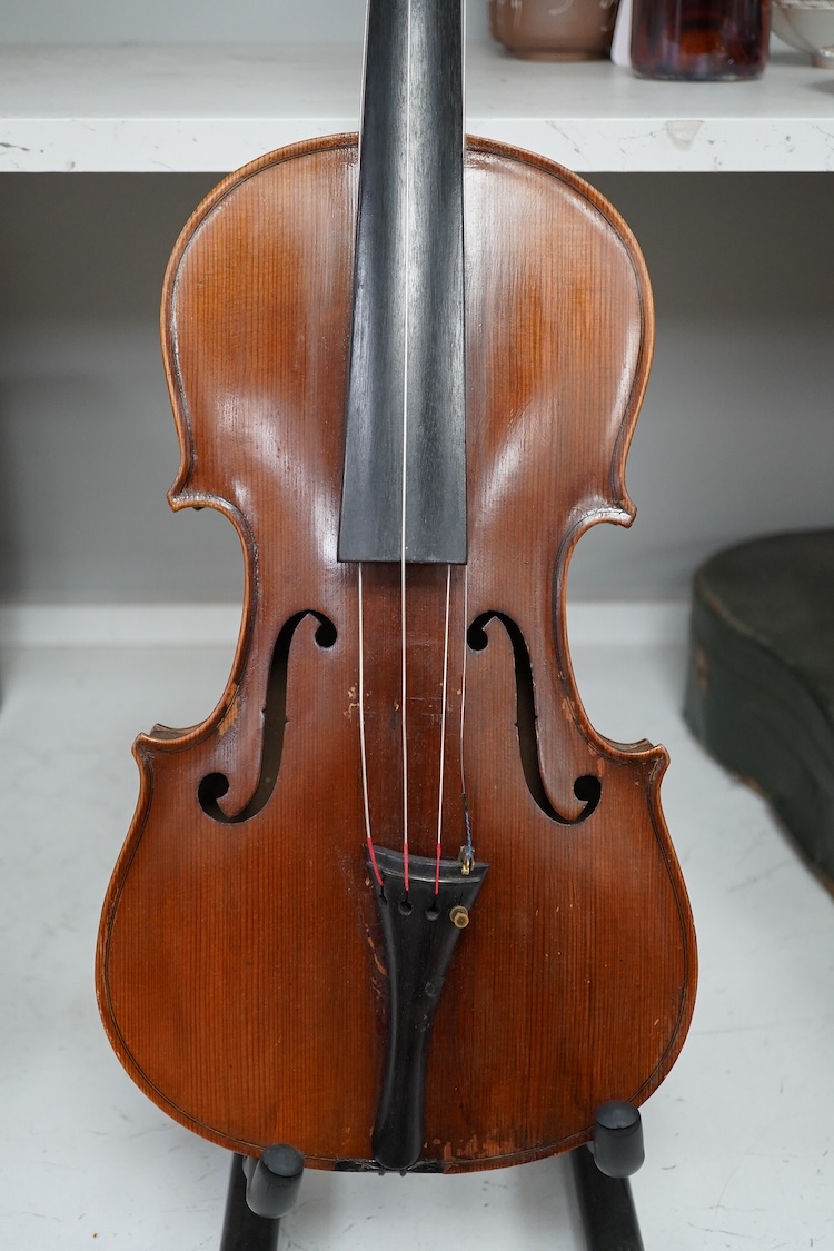 A mid 20th century cased Czech viola 15.25” body, with a fully mounted octagonal bow with plastic tip plate